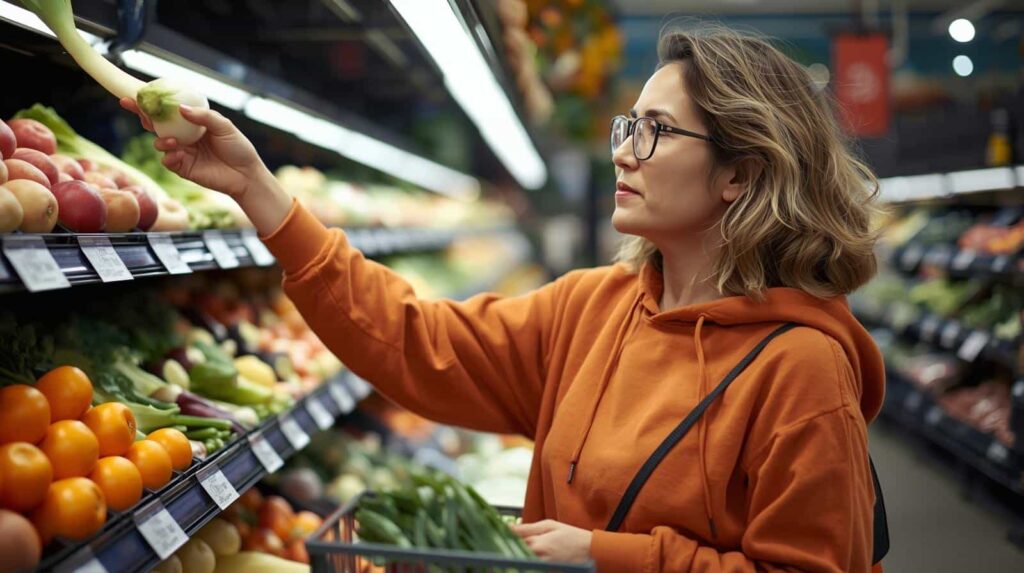 Frau im Supermarkt, die bewusst einkauft in der Obst und Gemüse Abteilung