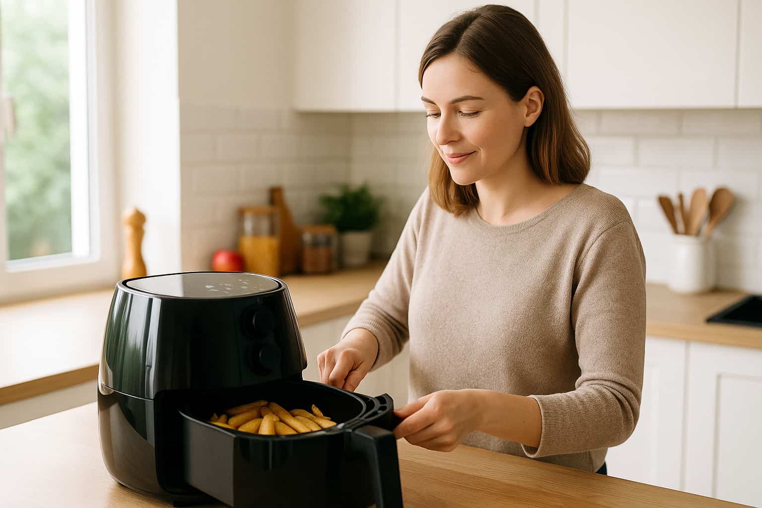 Frau-Küche-Airfryer Frau in einer Küche mit einem Airfryer