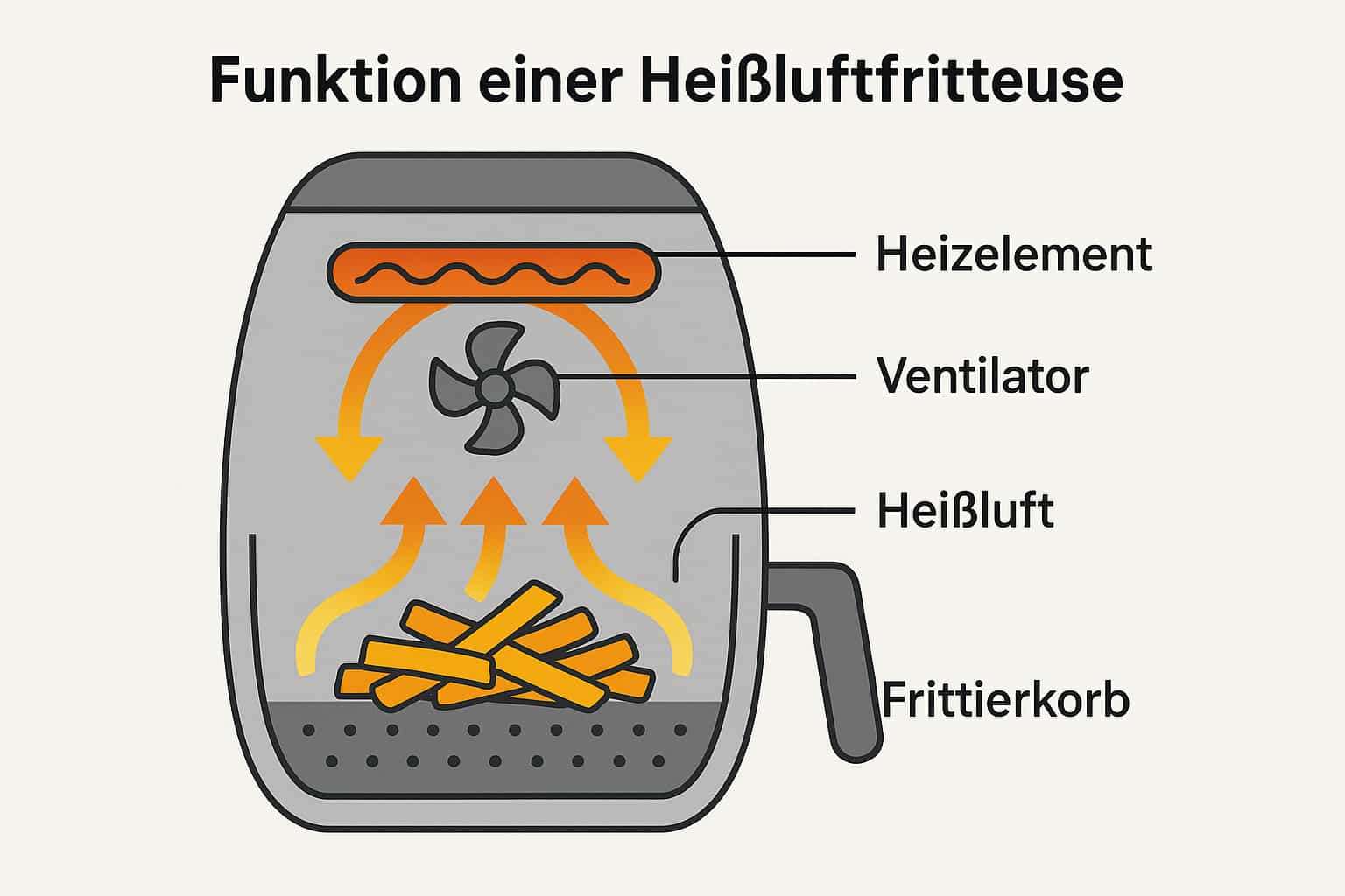 Schaubild-Funktionsweise-Heißluftfritteuse-komp Schaubild, dass die Funktionsweise einer Heißluftfritteuse zeigt