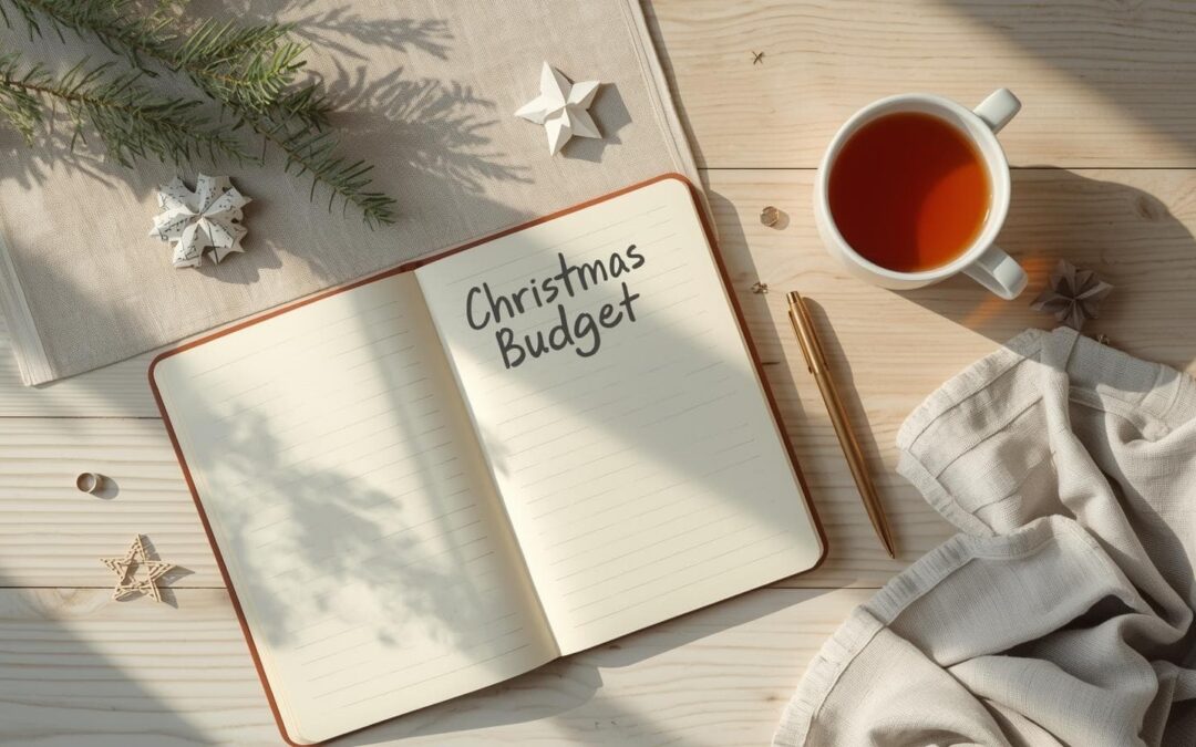 Notizbuch mit Aufschrift „Weihnachtsbudget“, Tasse, Tannenzweig