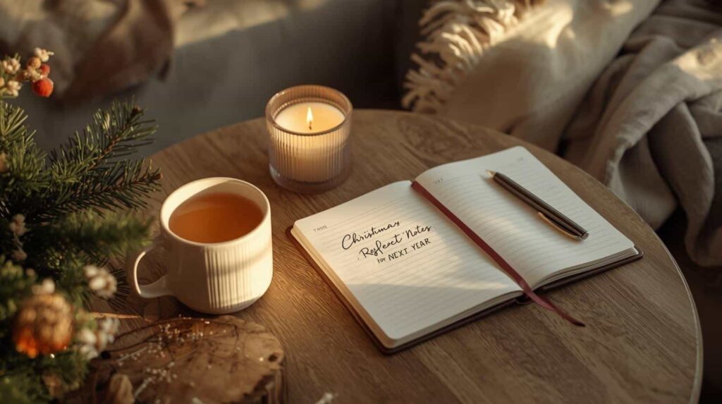 Reflektion Weihnachtsbudget 2025; Tasse, Notizbuch, Kerze auf Tisch