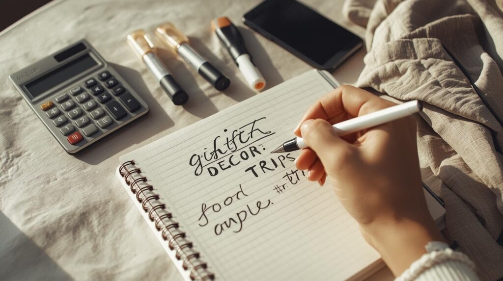 Hand schreibt in Notizbuch mit Kategorien